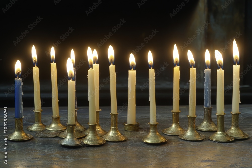 Hanukkah. Jewish holiday of candles, which are lit in honor of the miracle that occurred during the consecration of the Temple. Candles and food on the fireplace and table Hanukkah. Jewish holiday of candles, which are lit in honor of the miracle that occurred during the consecration of the Temple. Candles and food on the fireplace and table