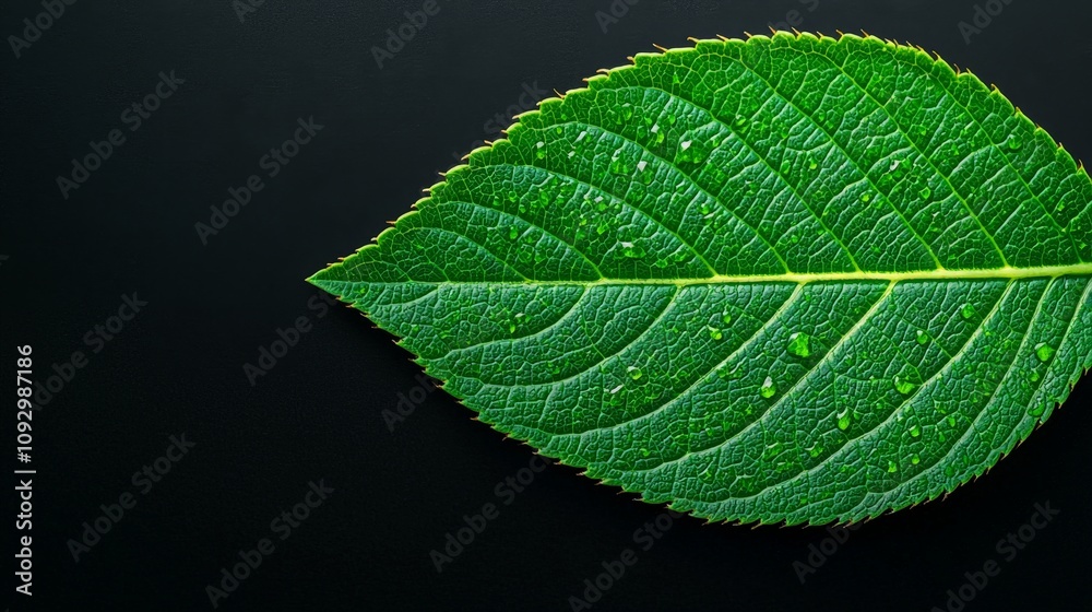 Close-up of a single, vibrant green leaf with water droplets on a dark background. Close-up of a single, vibrant green leaf with water droplets on a dark background.