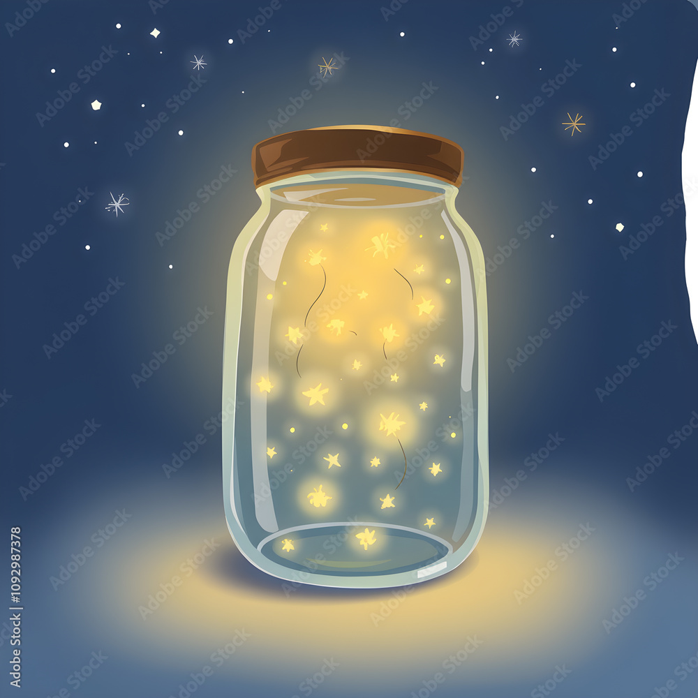 A glass jar containing tiny glowing fireflies under a starlit sky illustration. Generative AI A glass jar containing tiny glowing fireflies under a starlit sky illustration. Generative AI