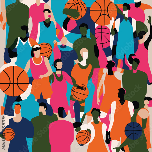Pola vector mulus sama untuk pria. Latar belakang modern dengan pemain bola basket. Wallpaper kreatif gaya olahraga
