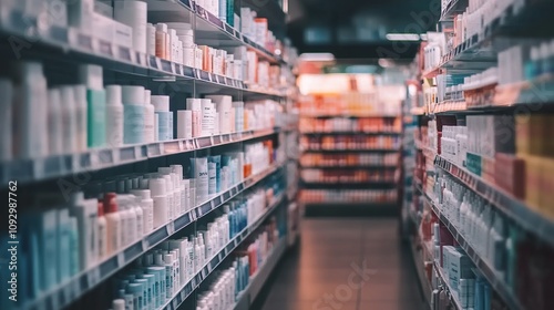 Well-stocked pharmacy aisle with various health and beauty produ