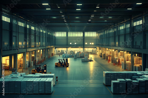 Multi purpose warehouse spaces. spacious multipurpose warehouse featuring forklifts and stacked pallets, illuminated by warm lights. organized layout enhances efficiency and productivity
