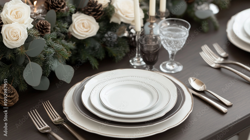 Holiday Table Setting with Elegant Decor and Candles Holiday Table Setting with Elegant Decor and Candles