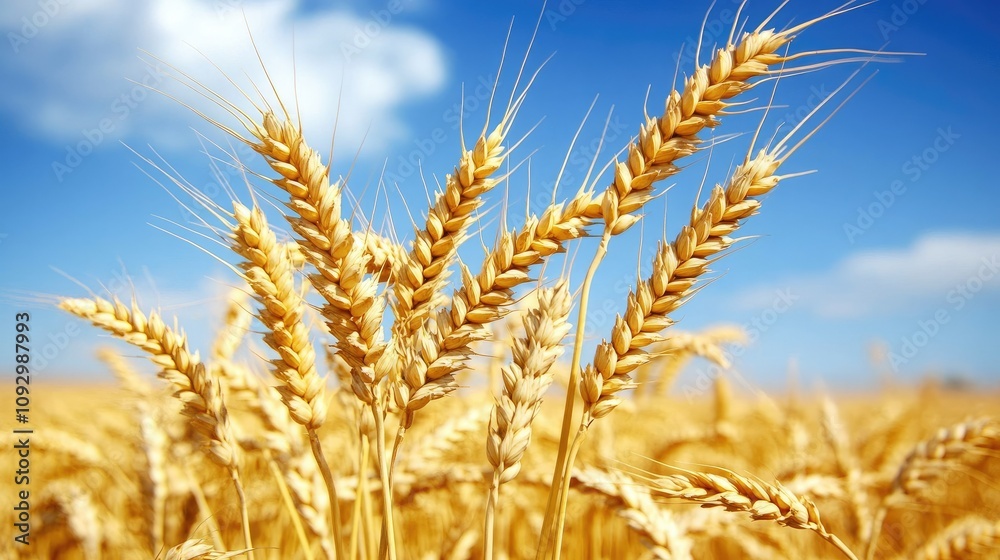 Golden Wheat Fields Under Bright Blue Sky with Fluffy White Clouds, Capturing the Beauty of Nature and Agriculture in Sunny Weather Golden Wheat Fields Under Bright Blue Sky with Fluffy White Clouds, Capturing the Beauty of Nature and Agriculture in Sunny Weather