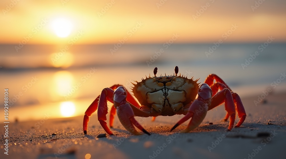 A crab sits on the seashore. A close-up crab illuminated by sunlight sits on the sand by the ocean. Fishing for sea crabs. Seafood on the island. A crab sits on the seashore. A close-up crab illuminated by sunlight sits on the sand by the ocean. Fishing for sea crabs. Seafood on the island.