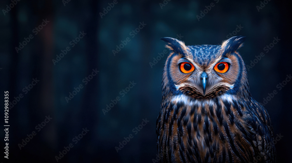 Majestic owl with glowing orange eyes in dark forest, captivating and mysterious. This front view showcases its intricate feathers and intense gaze, evoking sense of wonder Majestic owl with glowing orange eyes in dark forest, captivating and mysterious. This front view showcases its intricate feathers and intense gaze, evoking sense of wonder