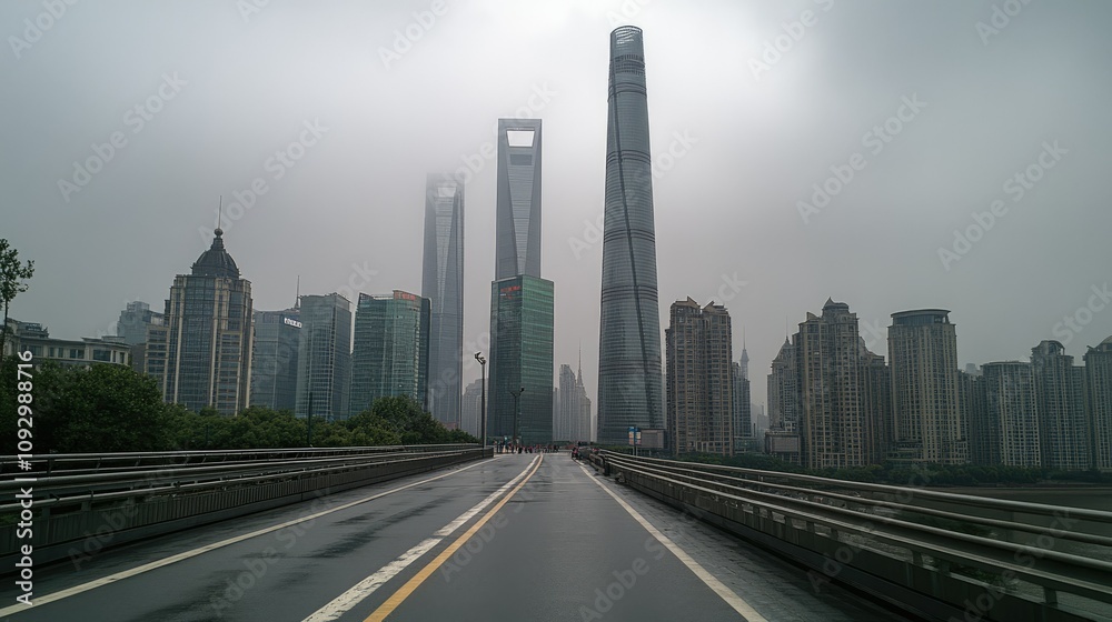 Modern Urban Skyline of Shanghai Under Fog, Featuring Iconic Skyscrapers Reaching Towards the Gray Sky, Roadway Leading to Futuristic Architecture and Cityscape Modern Urban Skyline of Shanghai Under Fog, Featuring Iconic Skyscrapers Reaching Towards the Gray Sky, Roadway Leading to Futuristic Architecture and Cityscape