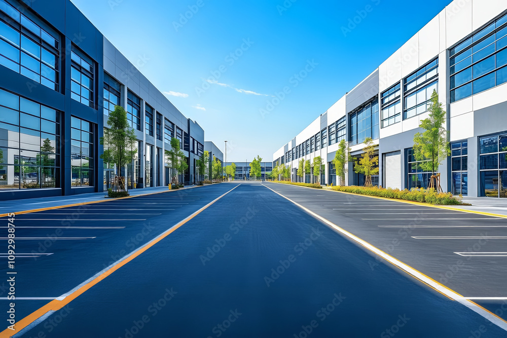 Multi purpose warehouse spaces. expansive warehouse exterior with modern architecture and clear blue skies. scene features well maintained landscaping and ample parking space. Multi purpose warehouse spaces. expansive warehouse exterior with modern architecture and clear blue skies. scene features well maintained landscaping and ample parking space.