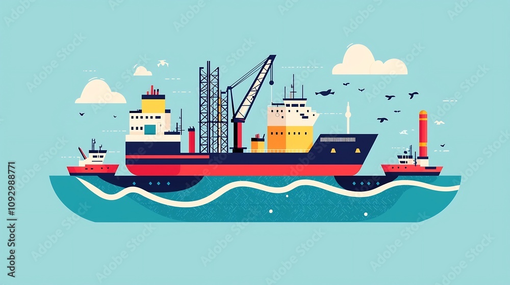 Flat design of an offshore oil rig surrounded by support vessels and waves in a modern geometric style Depicts the maritime industry energy production and oil and gas extraction Flat design of an offshore oil rig surrounded by support vessels and waves in a modern geometric style Depicts the maritime industry energy production and oil and gas extraction