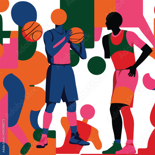 Pola vector mulus sama untuk pria. Latar belakang modern dengan pemain bola basket. Wallpaper kreatif gaya olahraga