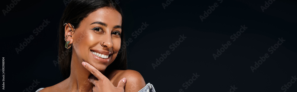 smiling woman showcases her jewellery and smiling in a studio environment.