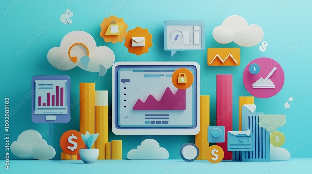 Obraz premium A whimsical paper cut depicting a digital marketing ecosystem represented by layered devices graphs dollar signs and other visual elements symbolizing technology analytics finance