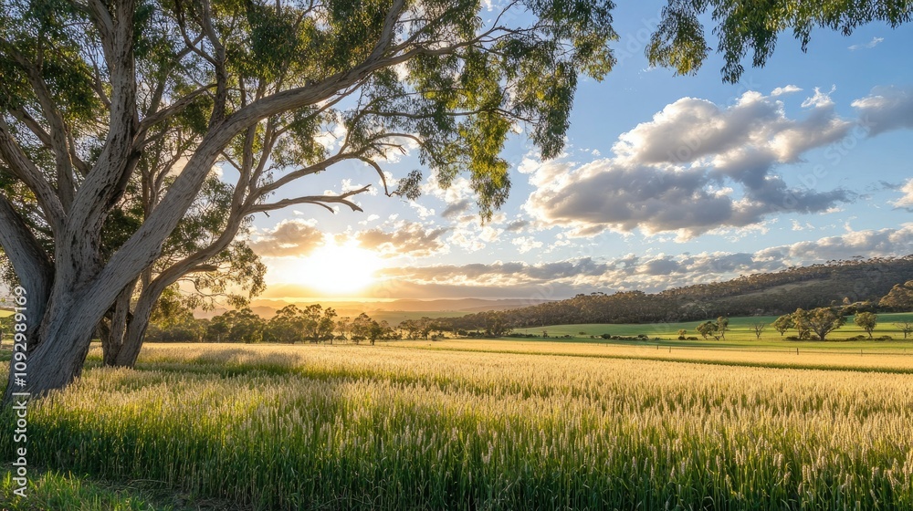 Fototapeta premium Golden Sunset Over Wheat Field with Lush Greenery and Majestic Trees Illuminated by Soft Warm Light in a Tranquil Landscape Setting