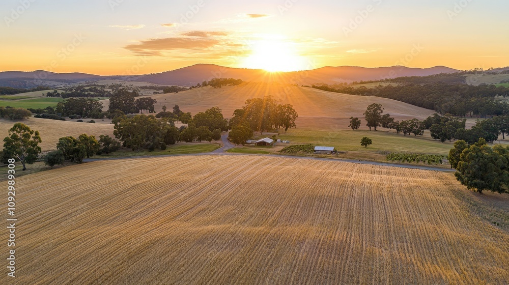 Fototapeta premium Stunning Sunset Over Rolling Hills and Golden Fields: A Serene Landscape of Tranquility and Natural Beauty in Rural Australia
