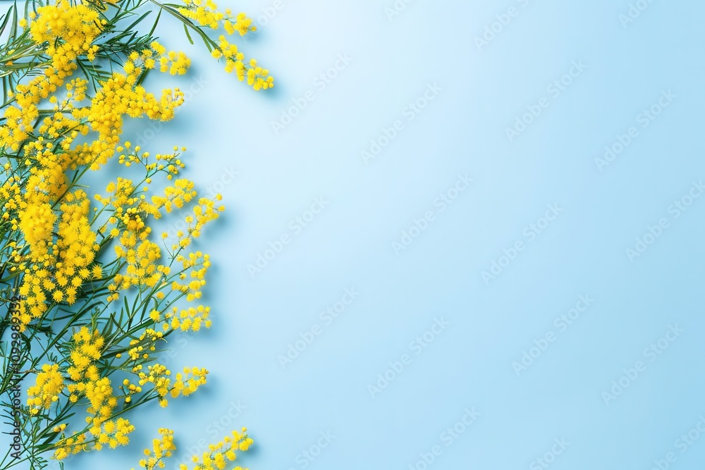 A blue background with yellow flowers in the foreground A blue background with yellow flowers in the foreground