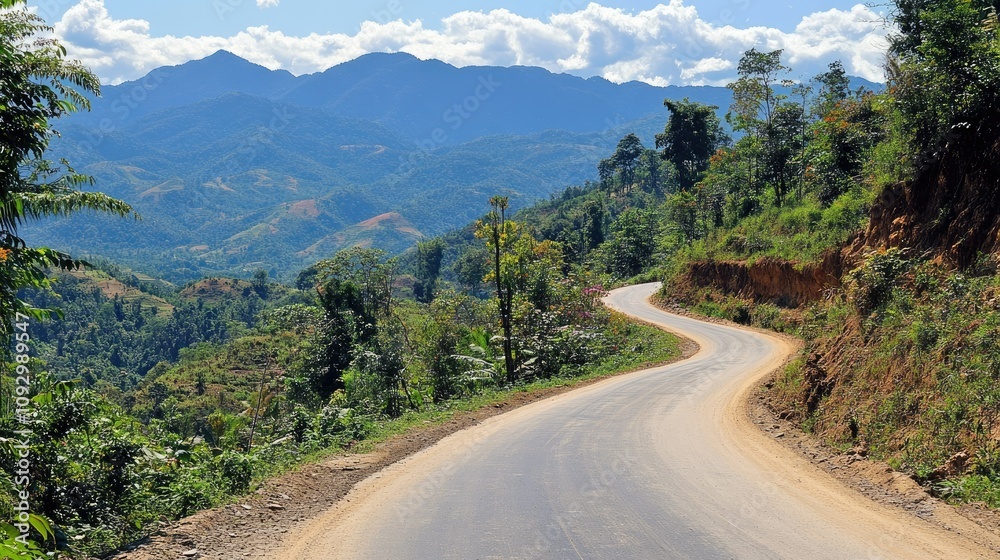 Scenic Winding Road Through Lush Green Hills and Mountain Landscape Under Bright Blue Sky with Scattered Clouds in Rural Area Scenic Winding Road Through Lush Green Hills and Mountain Landscape Under Bright Blue Sky with Scattered Clouds in Rural Area