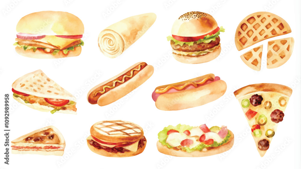 Set of watercolor fast food icons. Hand drawn vector illustrations. Set of watercolor fast food icons. Hand drawn vector illustrations.
