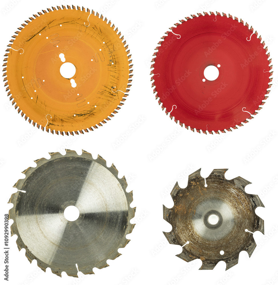 Four circular saw blades showing wear and tear on transparent background Four circular saw blades showing wear and tear on transparent background