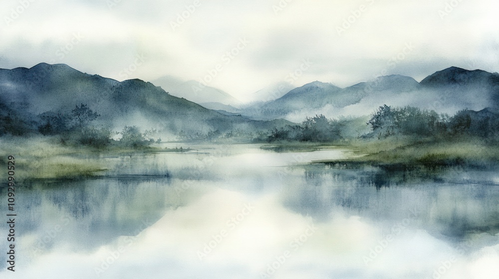 Serene watercolor landscape depicting misty mountains and a tranquil lake. Serene watercolor landscape depicting misty mountains and a tranquil lake.