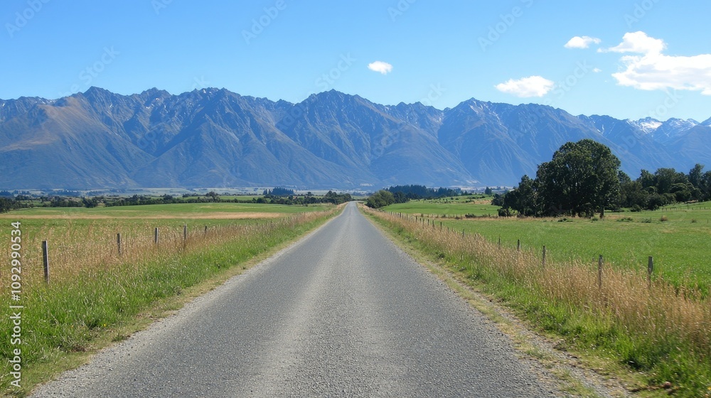 Serene Open Road Leading Towards Majestic Mountain Range Under Clear Blue Sky in Rural Landscape with Lush Green Fields and Tranquil Surroundings Serene Open Road Leading Towards Majestic Mountain Range Under Clear Blue Sky in Rural Landscape with Lush Green Fields and Tranquil Surroundings