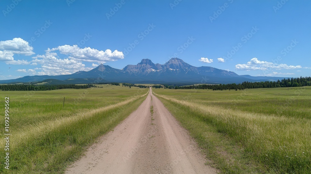 Fototapeta premium Scenic Dirt Road Leading to Majestic Mountains Under Bright Blue Sky, Surrounded by Greenery and Tranquil Fields in Outdoor Nature Setting