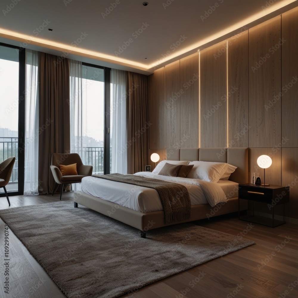 Fototapeta premium Modern bedroom with large windows, wooden wall paneling, and comfortable bed.