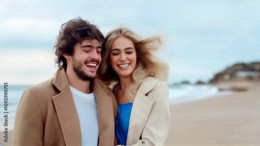 Joyful couple embracing on beach, sharing love and happiness while smiling in sand, surrounded by ocean and beauty of outdoor friendship. Joyful couple embracing on beach, sharing love and happiness while smiling in sand, surrounded by ocean and beauty of outdoor friendship.