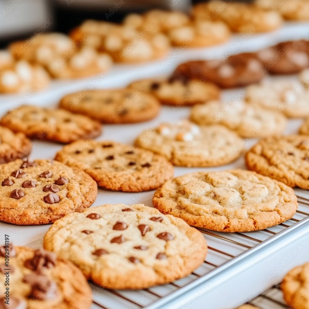Rows of freshly baked chocolate chip and other cookies on a cooling rack. Rows of freshly baked chocolate chip and other cookies on a cooling rack.