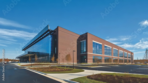 Wallpaper Mural Multi purpose warehouse spaces. Expansive warehouse exterior with modern architecture and large windows, showcasing clear blue sky. building features sleek design and ample parking space Torontodigital.ca