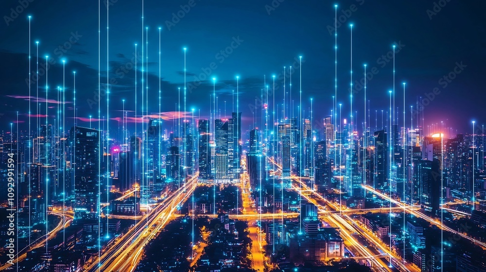 Fototapeta premium Mesmerizing cityscape of a glowing futuristic metropolis at night with towering skyscrapers and dazzling lights outlining the roads and infrastructure A visually stunning
