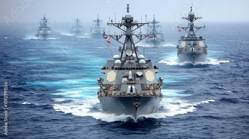 Aerial View of a Coordinated Formation of Navy Ships Sailing Across the Deep Blue Ocean  The Fleet of Warships Showcases the Military s Strength Technology and Strategic Prowess at Sea photo