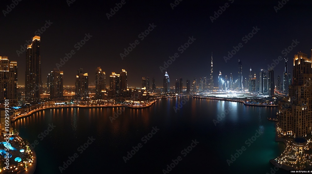 Mesmerizing panoramic view of a modern city at night with glowing lights illuminating the towering skyscrapers urban architecture and waterfront reflections Mesmerizing panoramic view of a modern city at night with glowing lights illuminating the towering skyscrapers urban architecture and waterfront reflections