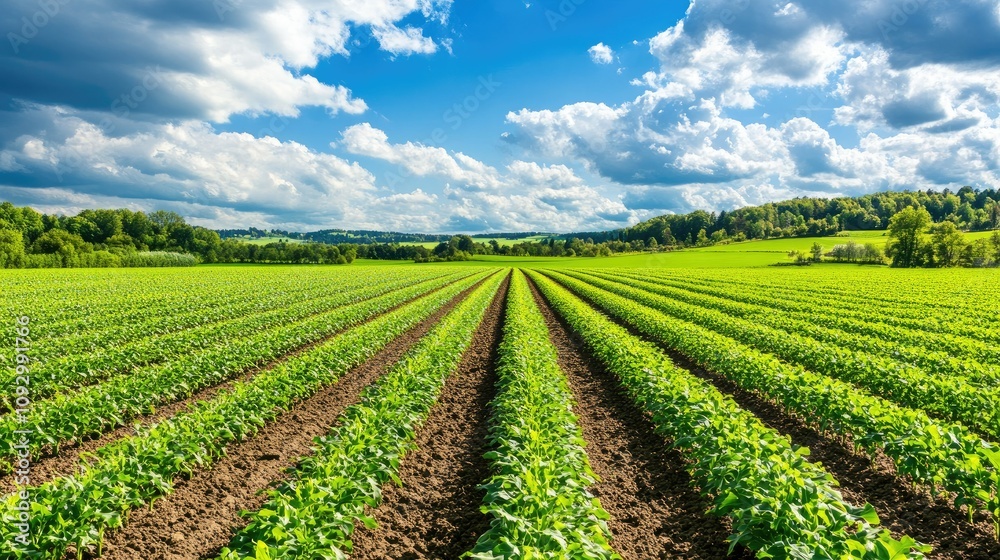 Lush Green Fields Under Blue Sky with Fluffy Clouds in a Vibrant Agricultural Landscape Showcasing Rows of Healthy Plants and Fertile Soil Lush Green Fields Under Blue Sky with Fluffy Clouds in a Vibrant Agricultural Landscape Showcasing Rows of Healthy Plants and Fertile Soil