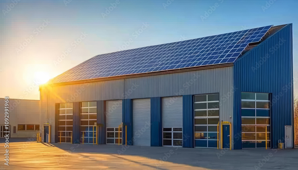 Multi purpose warehouse spaces. Modern warehouse with solar panels, large windows, and vibrant sunset. structure showcases blend of functionality and sustainability Multi purpose warehouse spaces. Modern warehouse with solar panels, large windows, and vibrant sunset. structure showcases blend of functionality and sustainability