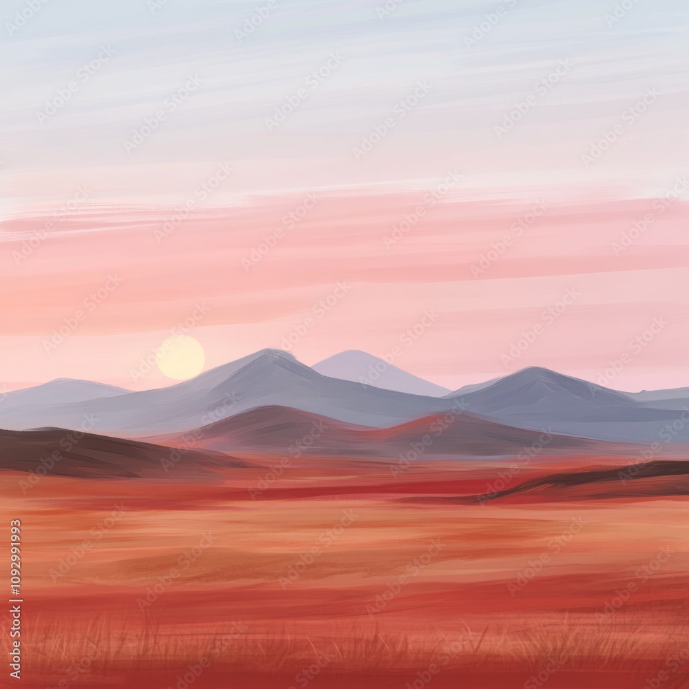 Serene sunset over a vast, reddish landscape with distant mountains. Serene sunset over a vast, reddish landscape with distant mountains.