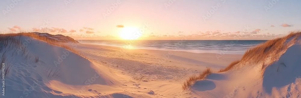 Tranquil Sandy Beach with Dunes and Sunset View. AI generated illustration Tranquil Sandy Beach with Dunes and Sunset View. AI generated illustration