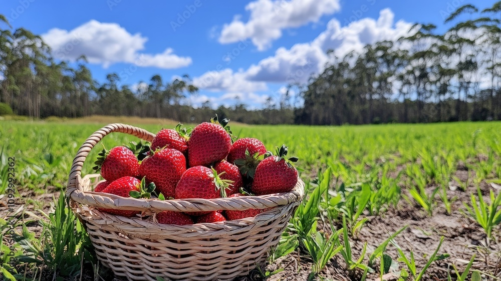 Freshly Harvested Strawberries in a Wicker Basket on a Vibrant Green Field Under a Bright Blue Sky with Fluffy Clouds and Trees in the Background Freshly Harvested Strawberries in a Wicker Basket on a Vibrant Green Field Under a Bright Blue Sky with Fluffy Clouds and Trees in the Background