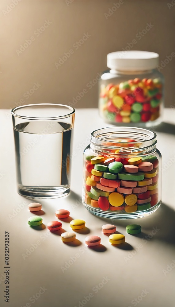 Colorful Vitamin Tablets in Glass Jars with Water Colorful Vitamin Tablets in Glass Jars with Water