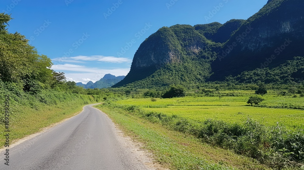 Serene Road Through Lush Green Fields and Majestic Mountains Under a Clear Blue Sky in Rural Landscape Serene Road Through Lush Green Fields and Majestic Mountains Under a Clear Blue Sky in Rural Landscape
