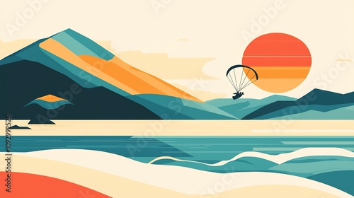 Minimalist flat design of a paramotor glider soaring near tall crashing waves with bold lines and geometric details creating a serene and visually striking landscape