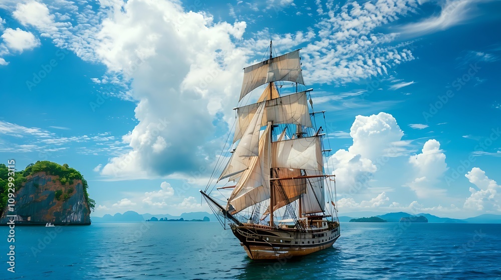 A majestic sailing ship glides through tranquil waters under a bright blue sky with fluffy clouds.