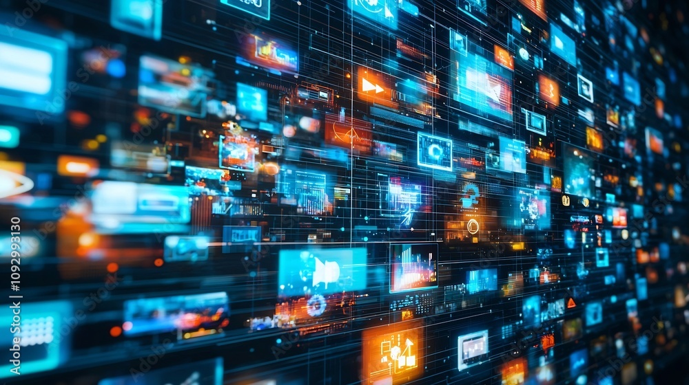 Neon colored programmatic ad display against a dark tech themed background showcasing the precision and advanced nature of automated advertising in a digital data driven world