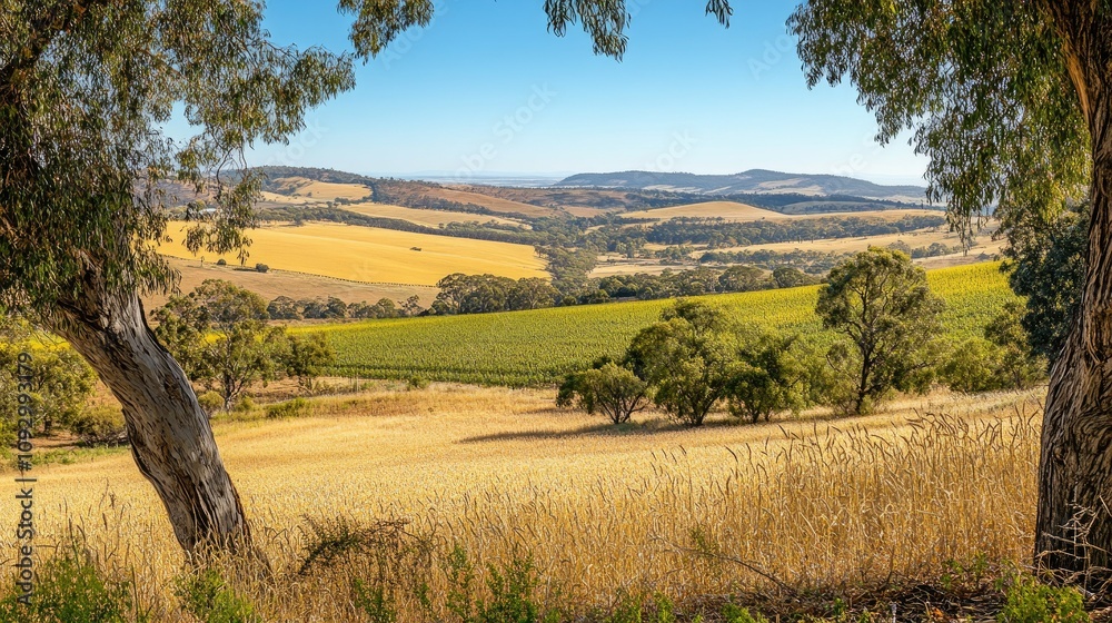 Fototapeta premium Lush Green Fields and Rolling Hills Under a Clear Blue Sky in a Vibrant Countryside Landscape Captured in the Heart of Nature's Bounty