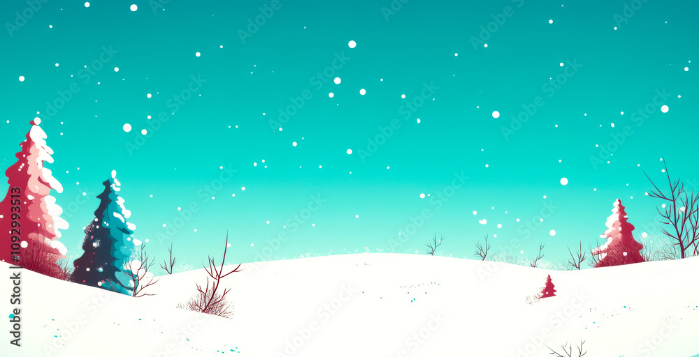 Naklejka premium A snowy landscape with two trees and a blue sky. The trees are covered in snow and the sky is clear