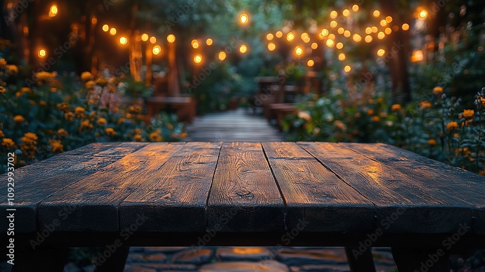 Wooden table in front of blurred garden lights background perfect for display, product montage. 4k Resolution Wooden table in front of blurred garden lights background perfect for display, product montage. 4k Resolution