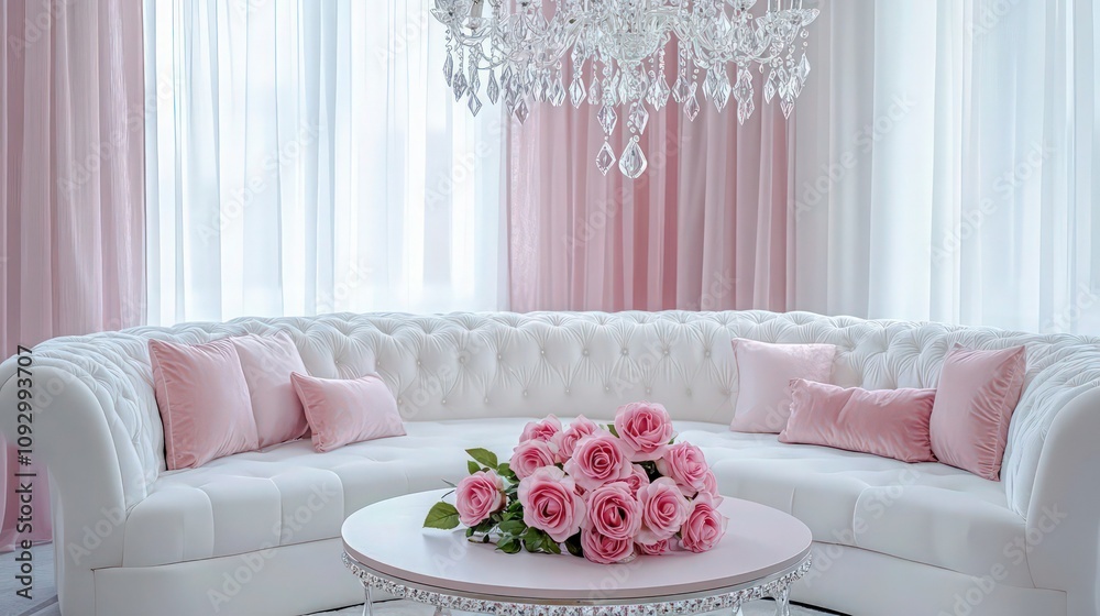 Luxurious pastel living room with a plush white sofa, adorned with pink cushions, and a round coffee table with fresh pink roses. Crystal chandelier hangs above. Luxurious pastel living room with a plush white sofa, adorned with pink cushions, and a round coffee table with fresh pink roses. Crystal chandelier hangs above.