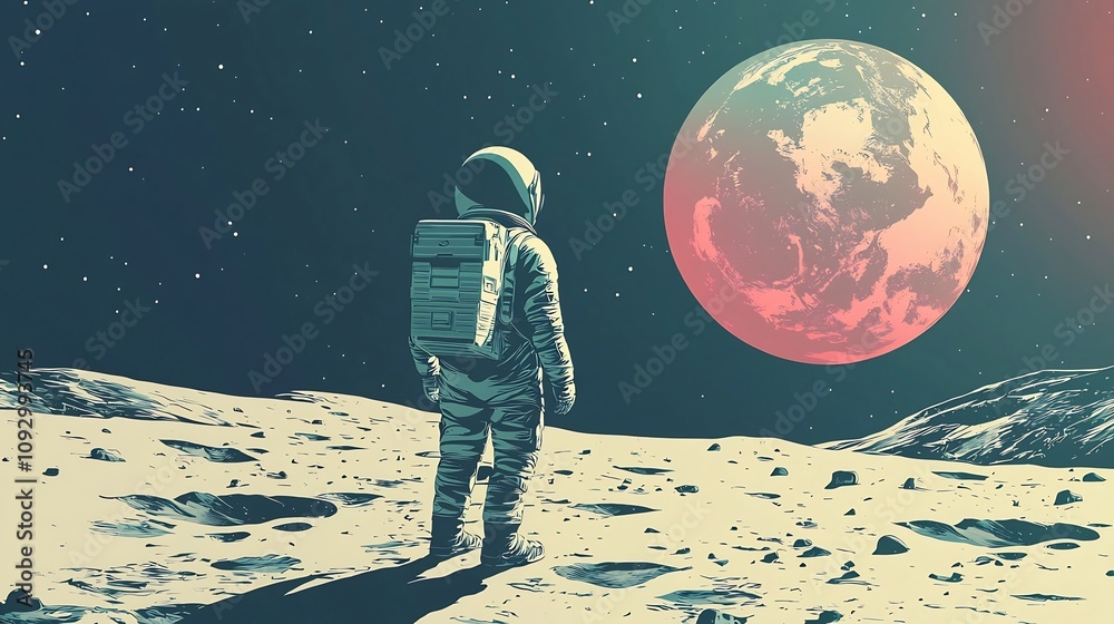 Astronaut standing alone on the surface of the moon with the Earth visible in the distance against a backdrop of a vintage inspired starry sky Astronaut standing alone on the surface of the moon with the Earth visible in the distance against a backdrop of a vintage inspired starry sky