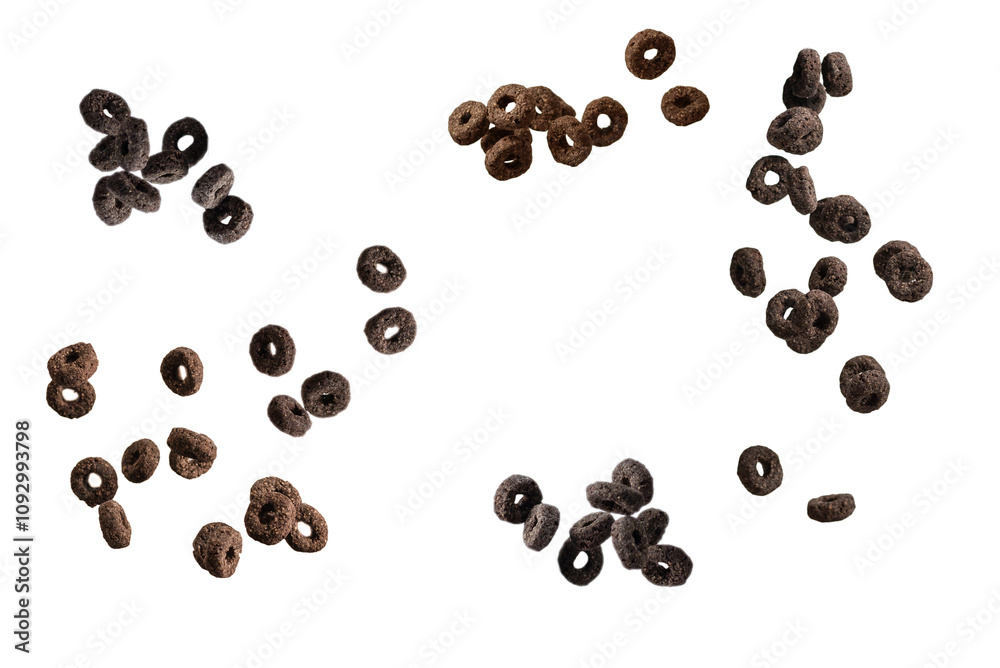 Chocolate rings cereal spill out into a bowl. Breakfast. Chocolate rings cereal spill out into a bowl. Breakfast.