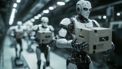 White Humanoid Robots Carrying Computer Boxes on Production Line in Futuristic Setting