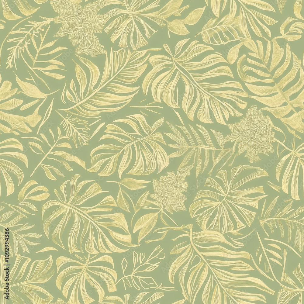 botanical pattern, golden outlines of fern fronds and mostera leaves on a muted green background. botanical pattern, golden outlines of fern fronds and mostera leaves on a muted green background.